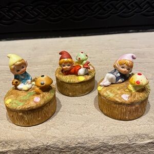 Vintage Set of 3 Homco Elf ceramic jewelry boxes